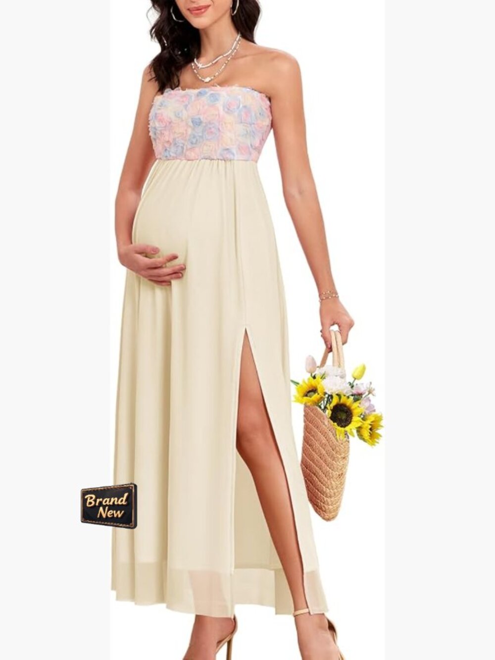 3D Floral Mesh Split Strapless Maternity Dress A-Line Baby Shower Photoshoot